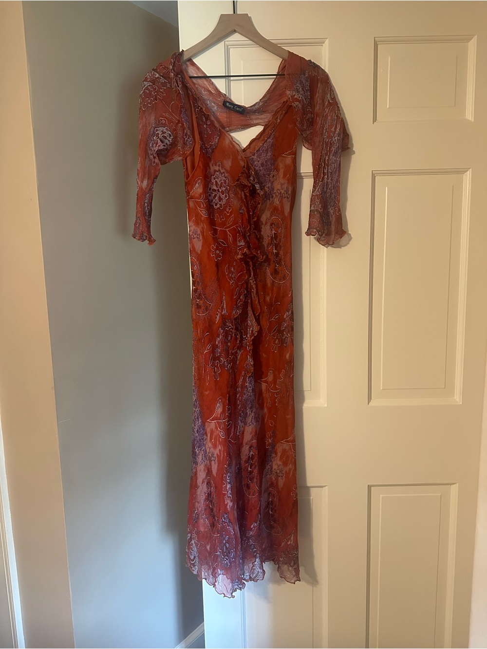 Floral Maxi Dress in Rust-Red and Purple - Bohemian V-Neck
